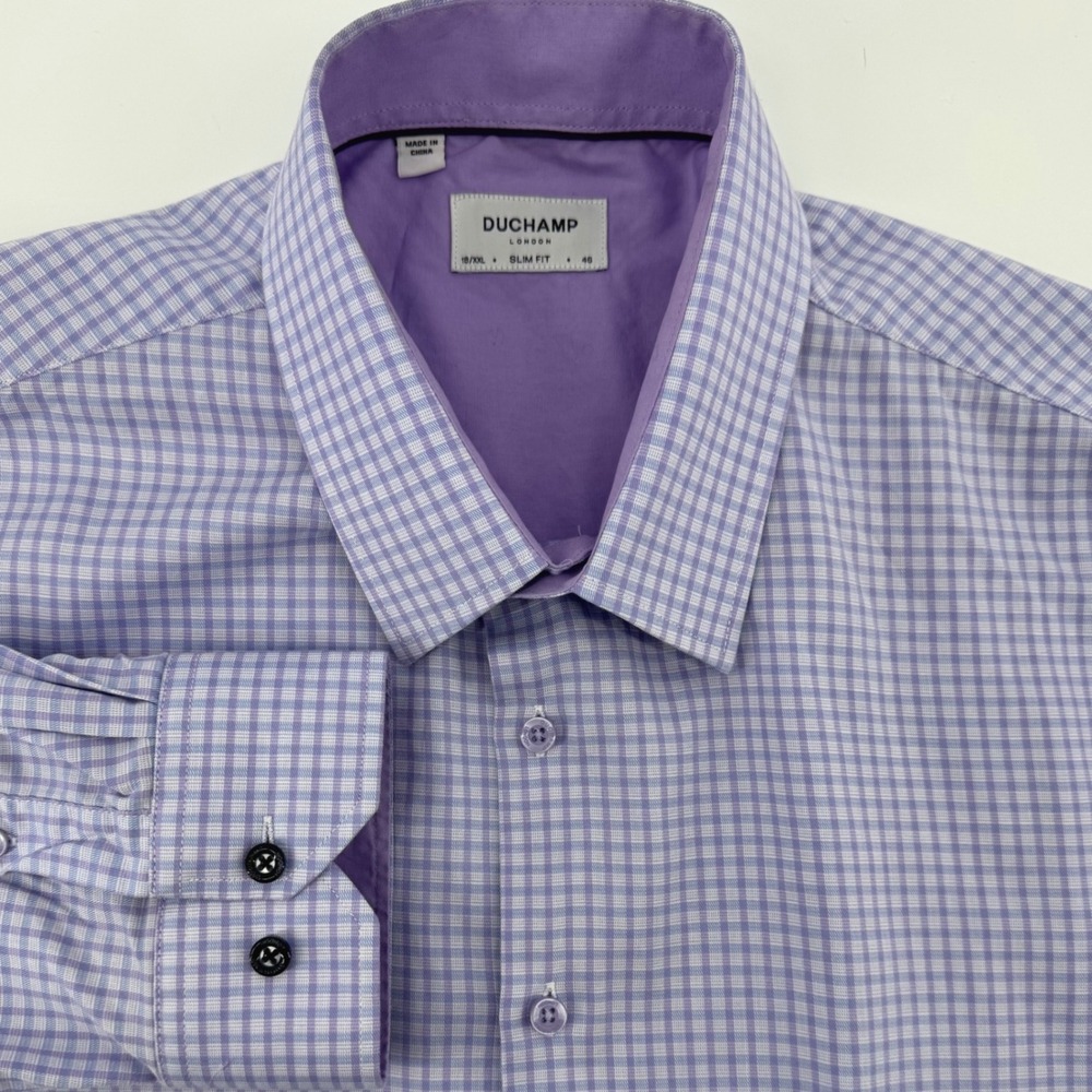 DUCHAMP‎ LONDON Mens XXL Slim Fit  Long Sleeve Dress Shirt Purple Check/Plain